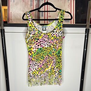 Blumarine Vibrant Leopard Print Fringe Tank Top